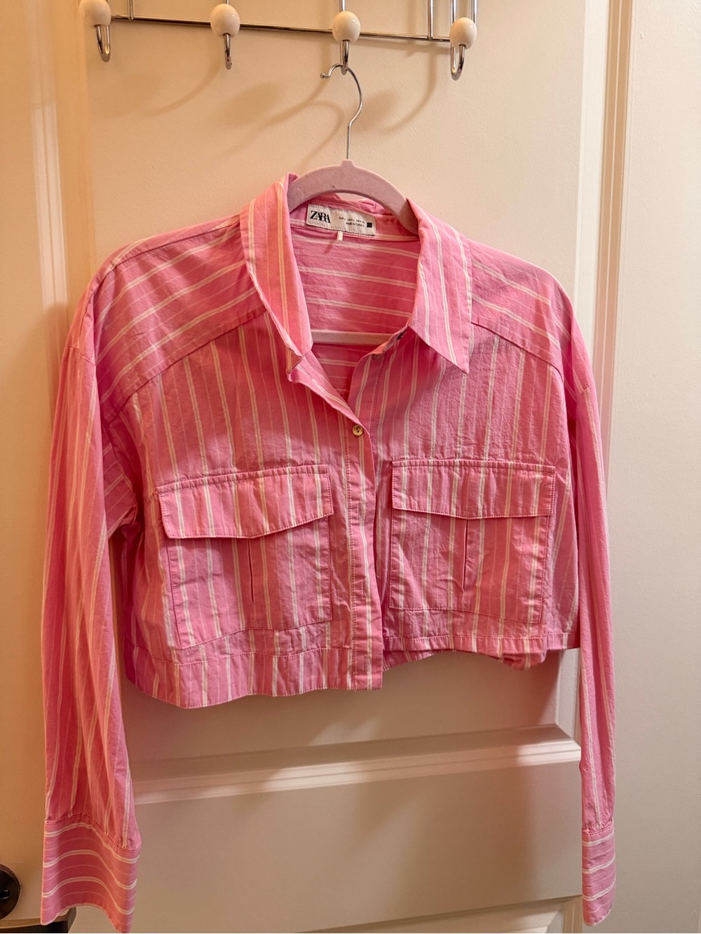 Zara Pink Striped Cropped Utility Jacket